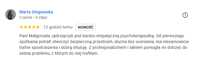 opinia pacjenta dla Małgorzaty Jędrzejczyk psychoterapeutki